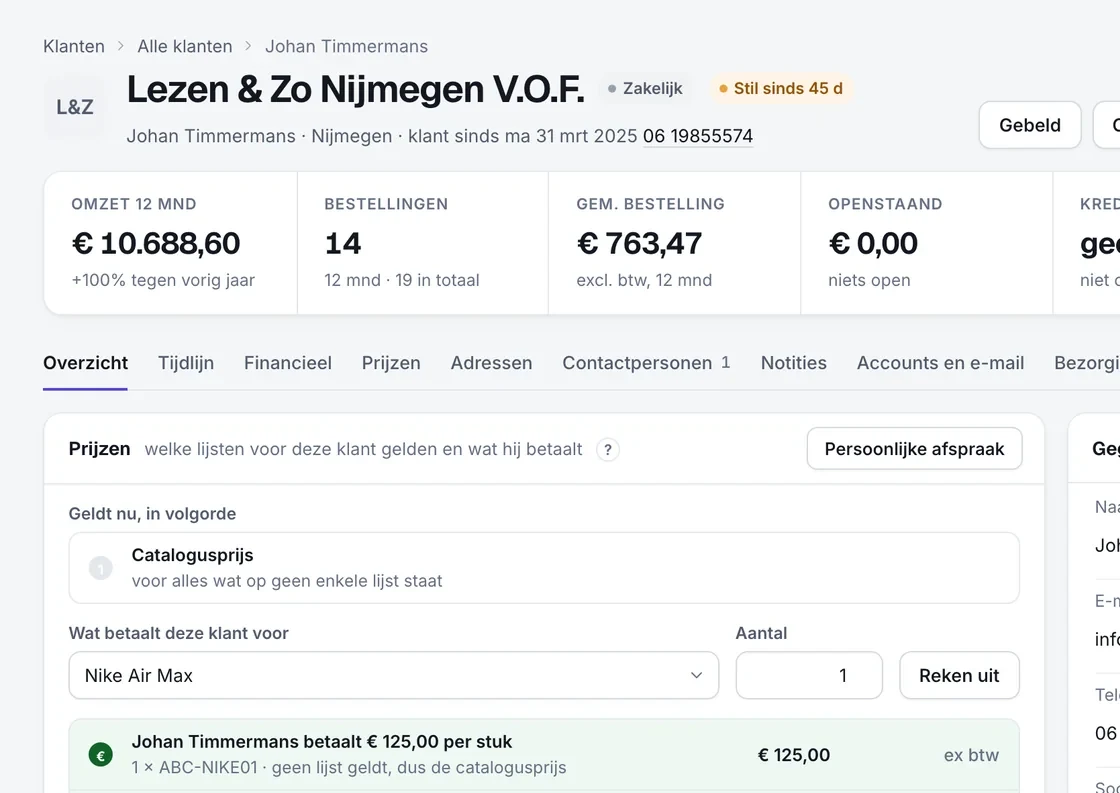 De klantkaart in Shopro: omzet, bestellingen en prijsafspraken van één klant